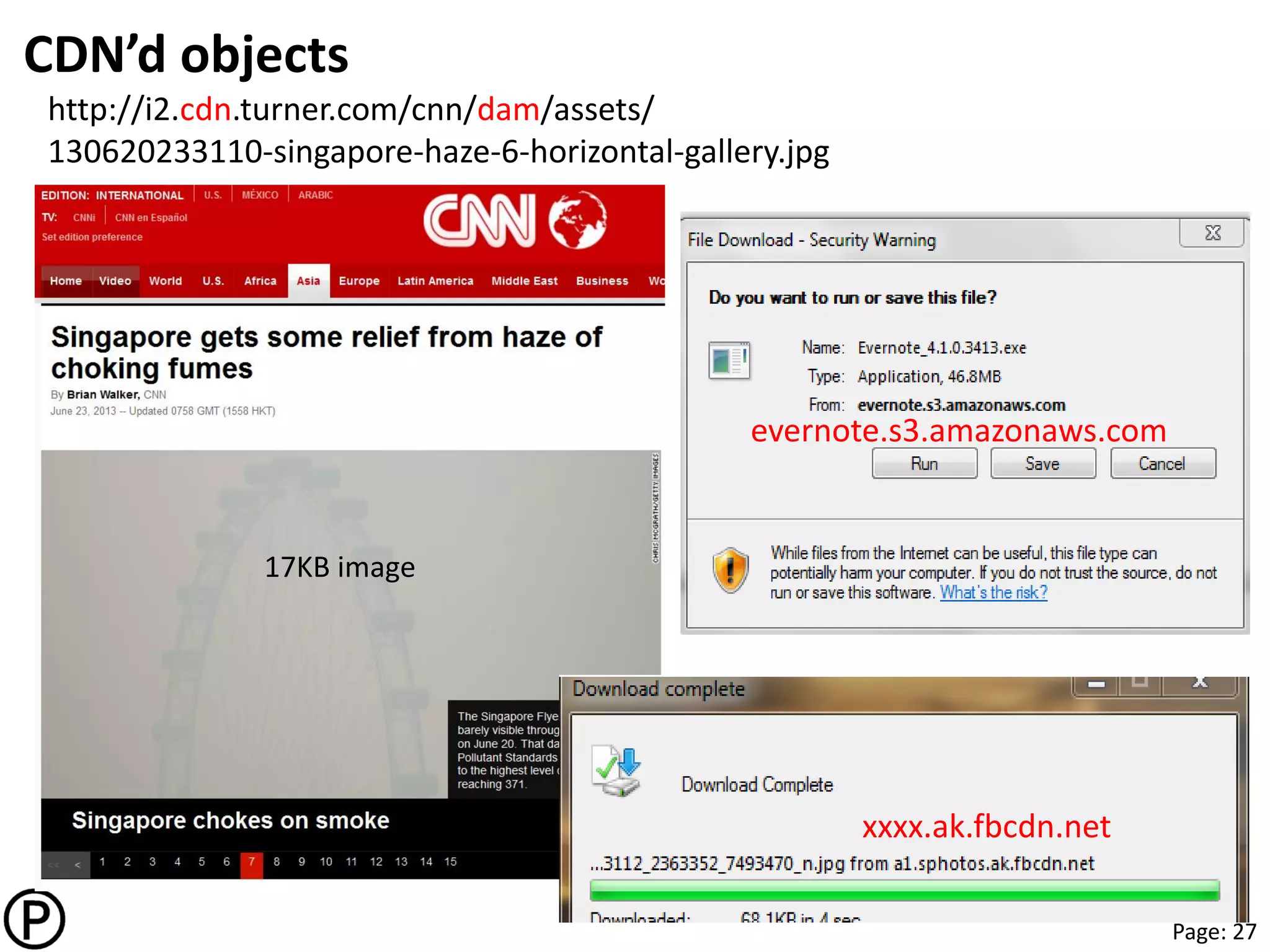 Page: 27
CDN’d objects
http://i2.cdn.turner.com/cnn/dam/assets/
130620233110-singapore-haze-6-horizontal-gallery.jpg
17KB image
evernote.s3.amazonaws.com
xxxx.ak.fbcdn.net
 