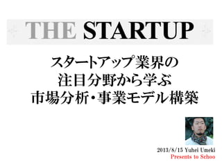 スタートアップ業界の
注目分野から学ぶ
市場分析・事業モデル構築
2013/8/15 Yuhei Umeki
Presents to Schoo
 