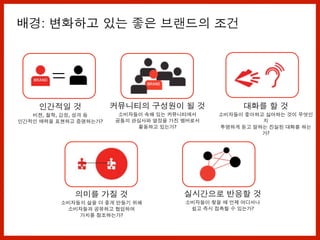 인간적일 것
비젼, 철학, 감정, 성격 등
인간적인 매력을 표현하고 증명하는가?
커뮤니티의 구성원이 될 것
소비자들이 속해 있는 커뮤니티에서
공통의 관심사와 열정을 가진 멤버로서
활동하고 있는가?
대화를 할 것
소비자들이 좋아하고 싫어하는 것이 무엇인
지
투명하게 듣고 말하는 진실된 대화를 하는
가?
의미를 가질 것
소비자들의 삶을 더 좋게 만들기 위해
소비자들과 공유하고 협업하여
가치를 창조하는가?
실시간으로 반응할 것
소비자들이 찾을 때 언제 어디서나
쉽고 즉시 접촉할 수 있는가?
배경: 변화하고 있는 좋은 브랜드의 조건
 