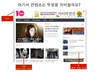 여기서 컨텐츠는 무엇을 의미할까요?
로고
대화리스트
사진
(크기, 색감. 구도)
글
(제목, 문체, 길이)
 