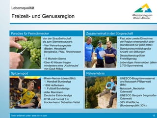 Mehr erfahren unter: www.m-r-n.com 15
Arbeitsfelder
Regionalplanung und gemeinschaftliche Regionalentwicklung
Demografischer Wandel Ehrenamt
Energie und Klima Europa
Fachkräftegewinnung Gesundheit
Kultur PR und Marketing
Regionalplanung Regionale Identität
Sport Tourismus
Wirtschaftsförderung Verwaltungsvereinfachung
 