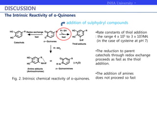 INHA University -
Bioengineering
DISCUSSION
The Intrinsic Reactivity of o-Quinones
Fig. 2. Intrinsic chemical reactivity of o-quinones.
•Rate constants of thiol addition
: the range 4 x 105 to 3 x 107⁄M⁄s
(in the case of cysteine at pH 7)
•The reduction to parent
catechols through redox exchange
proceeds as fast as the thiol
addition.
addition of sulphydryl compounds
•The addition of amines
does not proceed so fast
 