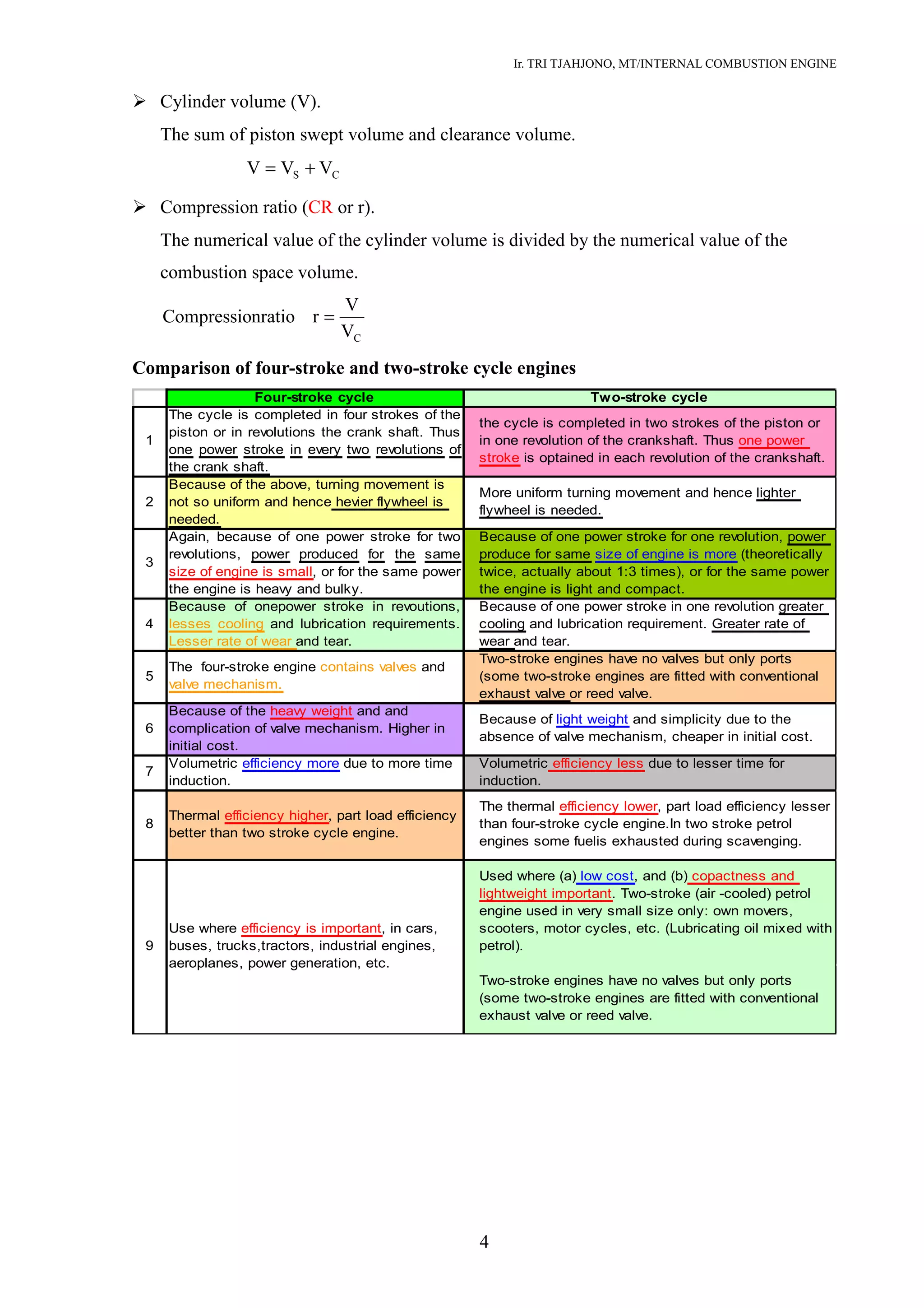 Ir. TRI TJAHJONO, MT/INTERNAL COMBUSTION ENGINE
 Cylinder volume (V).
The sum of piston swept volume and clearance volume.
CS VVV +=
 Compression ratio (CR or r).
The numerical value of the cylinder volume is divided by the numerical value of the
combustion space volume.
CV
V
rnratioCompressio =
Comparison of four-stroke and two-stroke cycle engines
Four-stroke cycle Two-stroke cycle
1
The cycle is completed in four strokes of the
piston or in revolutions the crank shaft. Thus
one power stroke in every two revolutions of
the crank shaft.
the cycle is completed in two strokes of the piston or
in one revolution of the crankshaft. Thus one power
stroke is optained in each revolution of the crankshaft.
2
Because of the above, turning movement is
not so uniform and hence hevier flywheel is
needed.
More uniform turning movement and hence lighter
flywheel is needed.
3
Again, because of one power stroke for two
revolutions, power produced for the same
size of engine is small, or for the same power
the engine is heavy and bulky.
Because of one power stroke for one revolution, power
produce for same size of engine is more (theoretically
twice, actually about 1:3 times), or for the same power
the engine is light and compact.
4
Because of onepower stroke in revoutions,
lesses cooling and lubrication requirements.
Lesser rate of wear and tear.
Because of one power stroke in one revolution greater
cooling and lubrication requirement. Greater rate of
wear and tear.
5
The four-stroke engine contains valves and
valve mechanism.
Two-stroke engines have no valves but only ports
(some two-stroke engines are fitted with conventional
exhaust valve or reed valve.
6
Because of the heavy weight and and
complication of valve mechanism. Higher in
initial cost.
Because of light weight and simplicity due to the
absence of valve mechanism, cheaper in initial cost.
7
Volumetric efficiency more due to more time
induction.
Volumetric efficiency less due to lesser time for
induction.
8
Thermal efficiency higher, part load efficiency
better than two stroke cycle engine.
The thermal efficiency lower, part load efficiency lesser
than four-stroke cycle engine.In two stroke petrol
engines some fuelis exhausted during scavenging.
Used where (a) low cost, and (b) copactness and
lightweight important. Two-stroke (air -cooled) petrol
engine used in very small size only: own movers,
scooters, motor cycles, etc. (Lubricating oil mixed with
petrol).
Two-stroke engines have no valves but only ports
(some two-stroke engines are fitted with conventional
exhaust valve or reed valve.
Use where efficiency is important, in cars,
buses, trucks,tractors, industrial engines,
aeroplanes, power generation, etc.
9
4
 
