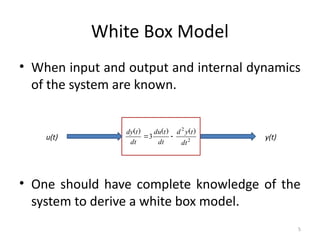 5
White Box Model
• When input and output and internal dynamics
of the system are known.
• One should have complete knowledge of the
system to derive a white box model.
u(t) y(t)
2
2
3
dt
t
y
d
dt
t
du
dt
t
dy )
(
)
(
)
(


 
