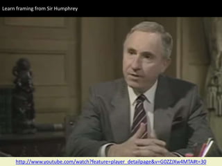 http://www.youtube.com/watch?feature=player_detailpage&v=G0ZZJXw4MTA#t=30
Learn framing from Sir Humphrey
 