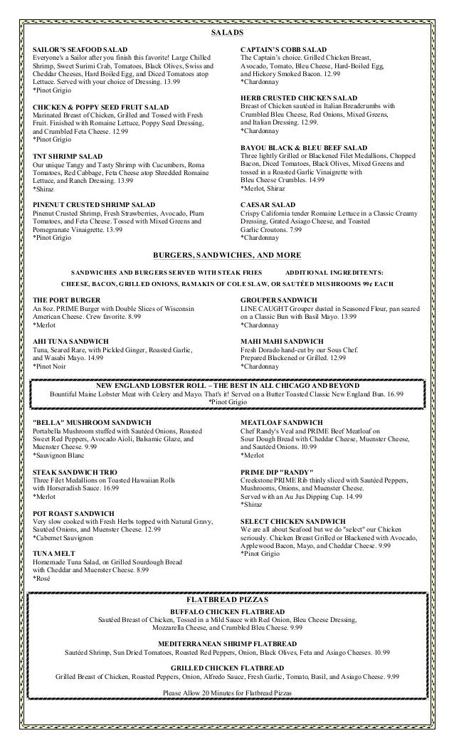 Port Edward Restaurant Dinner Menu July 2013