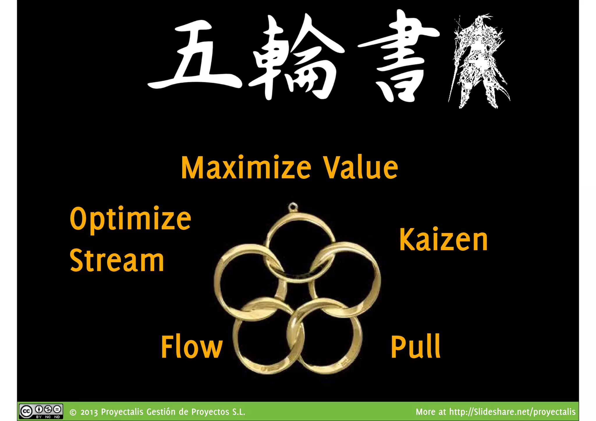 © 2013 Proyectalis Gestión de Proyectos S.L. More at http://Slideshare.net/proyectalis
Maximize Value
Optimize
Stream
Kaizen
Flow Pull
 