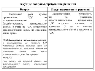 Текущие вопросы, требующие решения
Вопрос Предлагаемые пути решения
Ежегодный рост суммы
превышения НДС по
налогоплательщикам –
бездействующим, принудительно
снятым с учета по НДС (отсутствие
законодательной нормы по списанию
таких сумм)
(бездействующим налогоплательщиком
в соответствии со статьей 579
Налогового кодекса является лицо, не
представившее за налоговый период по
истечении одного года после
установленного срока декларацию:
• по КПН
• по налогу на игорный бизнес, по
фиксированному налогу, упрощенную
декларацию)
Законодательно установить,
что по указанным
налогоплательщикам превышение
НДС подлежит списанию по
истечении 5 лет с момента
принудительного снятия с рег.учета по
НДС
16
 