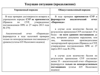Текущая ситуация (продолжение)
Упрощенный порядок Общеустановленный порядок
В ходе проверки достоверности возврата в
упрощенном порядке СУР не применяется
(Правила по СУР, утвержденные
постановлением ПРК от 27 марта 2013 года
№ 279)
Аналитический отчет «Пирамида»
формируется в ходе налоговой проверки
только по непосредственным поставщикам (1
уровень) (статья 635 Налогового кодекса)
В ходе проверки применяется СУР и
формируется аналитический отчет
«Пирамида»:
в случае если количество баллов по
результатам применения СУР составляет 35 и
более - по всем уровням поставщиков до
лиц, которыми допущены нарушения, или
лиц, являющихся производителями
экспортируемой продукции (Правила по СУР,
утвержденные постановлением ПРК от 27
марта 2013 года № 279);
в случае если количество баллов по
результатам применения СУР составляет
менее 35 – аналитический отчет «Пирамида»
формируется только по непосредственным
поставщикам (статья 635 Налогового
кодекса)
5
 