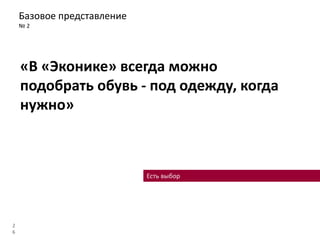 Базовое представление
№ 2
2
6
«В «Эконике» всегда можно
подобрать обувь - под одежду, когда
нужно»
Есть выбор
 