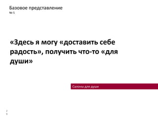 Базовое представление
№ 5
2
9
«Здесь я могу «доставить себе
радость», получить что-то «для
души»
Салоны для души
 