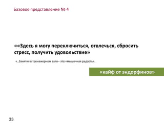 33
Базовое представление № 4
««Здесь я могу переключиться, отвлечься, сбросить
стресс, получить удовольствие»
«..Занятия в тренажерном зале– это «мышечная радость».
«кайф от эндорфинов»
 