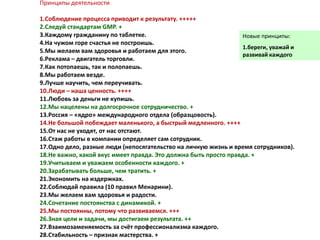 Принципы деятельности
1.Соблюдение процесса приводит к результату. +++++
2.Следуй стандартам GMP. +
3.Каждому гражданину по таблетке.
4.На чужом горе счастья не построишь.
5.Мы желаем вам здоровья и работаем для этого.
6.Реклама – двигатель торговли.
7.Как потопаешь, так и полопаешь.
8.Мы работаем везде.
9.Лучше научить, чем переучивать.
10.Люди – наша ценность. ++++
11.Любовь за деньги не купишь.
12.Мы нацелены на долгосрочное сотрудничество. +
13.Россия – «ядро» международного отдела (образцовость).
14.Не большой побеждает маленького, а быстрый медленного. ++++
15.От нас не уходят, от нас отстают.
16.Стаж работы в компании определяет сам сотрудник.
17.Одно дело, разные люди (непосягательство на личную жизнь и время сотрудников).
18.Не важно, какой вкус имеет правда. Это должна быть просто правда. +
19.Учитываем и уважаем особенности каждого. +
20.Зарабатывать больше, чем тратить. +
21.Экономить на издержках.
22.Соблюдай правила (10 правил Менарини).
23.Мы желаем вам здоровья и радости.
24.Сочетание постоянства с динамикой. +
25.Мы постоянны, потому что развиваемся. +++
26.Зная цели и задачи, мы достигаем результата. ++
27.Взаимозаменяемость за счёт профессионализма каждого.
28.Стабильность – признак мастерства. +
Новые принципы:
1.береги, уважай и
развивай каждого
 