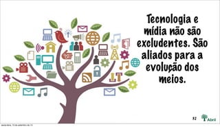 32
Tecnologia e
mídia não são
excludentes. São
aliados para a
evolução dos
meios.
sexta-feira, 13 de setembro de 13
 