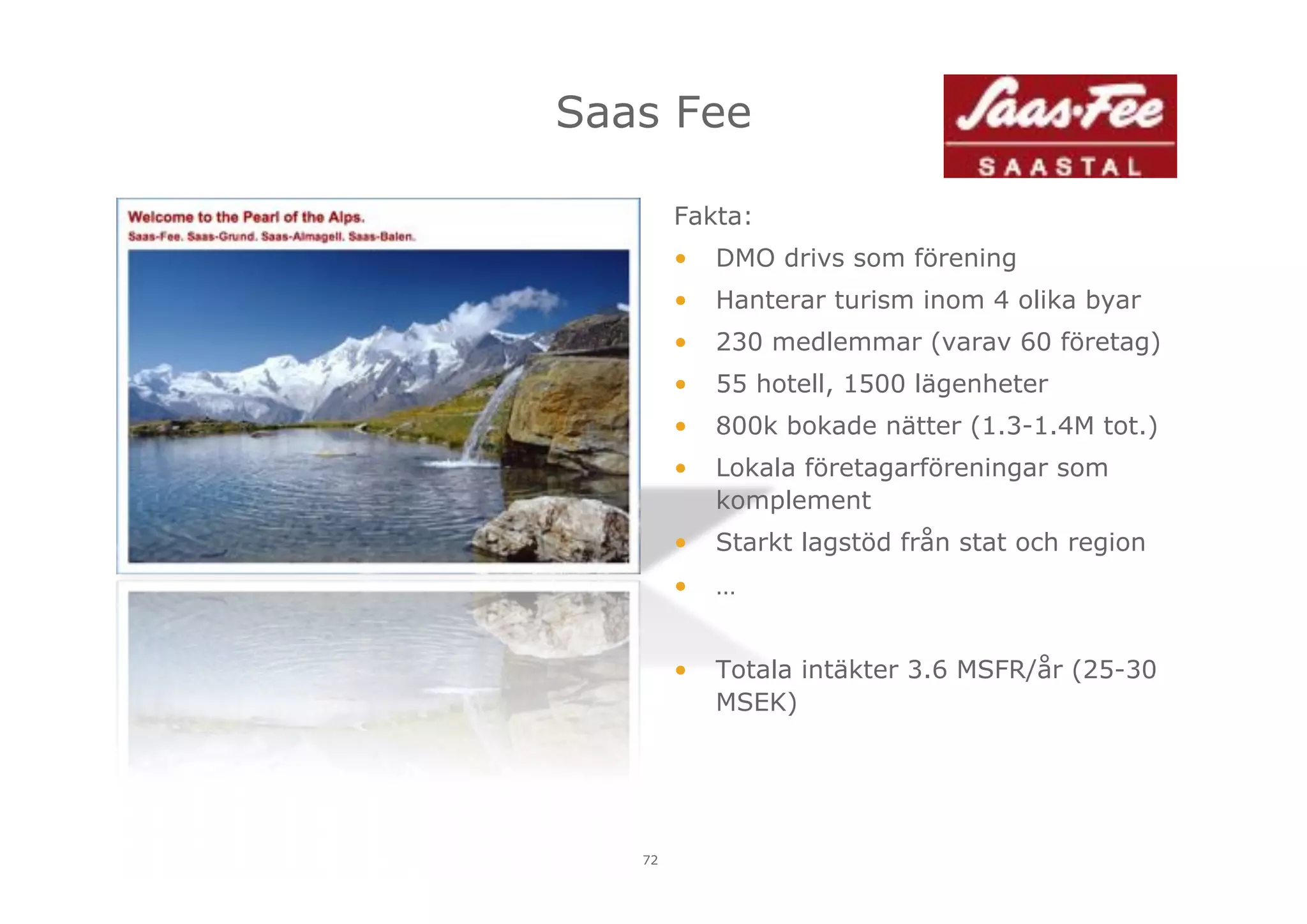Saas Fee
Fakta:
• 
• 

Hanterar turism inom 4 olika byar

• 

230 medlemmar (varav 60 företag)

• 

55 hotell, 1500 lägenheter

• 

800k bokade nätter (1.3-1.4M tot.)

• 

Lokala företagarföreningar som
komplement

• 

Starkt lagstöd från stat och region

• 

…

• 

72

DMO drivs som förening

Totala intäkter 3.6 MSFR/år (25-30
MSEK)

 