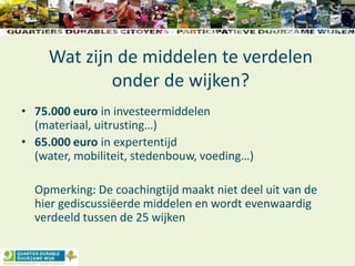Wat zijn de middelen te verdelen
onder de wijken?
• 75.000 euro in investeermiddelen
(materiaal, uitrusting…)
• 65.000 euro in expertentijd
(water, mobiliteit, stedenbouw, voeding…)
Opmerking: De coachingtijd maakt niet deel uit van de
hier gediscussiëerde middelen en wordt evenwaardig
verdeeld tussen de 25 wijken
 