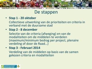 De stappen
• Stap 1 - 20 oktober
Collectieve uitwerking van de prioriteiten en criteria in
verband met de duurzame stad
• Stap 2 - 8 december
Selectie van de criteria (afweging) en van de
modaliteiten om de middelen te verdelen
(maximum/minimum bedrag per project, plenaire
verdeling of door de Raad…)
• Stap 3 - Februari 2014
Verdeling van de middelen op basis van de samen
gekozen criteria en modaliteiten
 