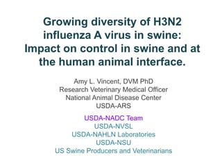 Growing diversity of H3N2
influenza A virus in swine:
Impact on control in swine and at
the human animal interface.
Amy L. Vincent, DVM PhD
Research Veterinary Medical Officer
National Animal Disease Center
USDA-ARS

USDA-NADC Team
USDA-NVSL
USDA-NAHLN Laboratories
USDA-NSU
US Swine Producers and Veterinarians

 
