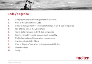 Copyright © 2013 Molten Limited 3
1. Examples of poor data management in Oil & Gas
2. What is the value of your Data
3. Is...