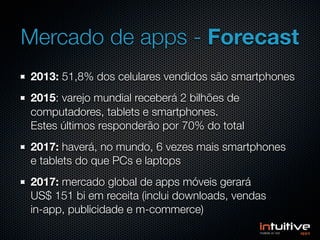 Mercado de apps - Forecast
2013: 51,8% dos celulares vendidos são smartphones
2015: varejo mundial receberá 2 bilhões de
c...
