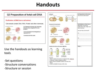 Handouts
Use the handouts as learning
tools
-Set questions
-Structure conversations
-Structure or session
 