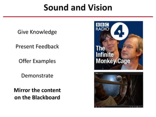 Sound and Vision
Give Knowledge
Present Feedback
Offer Examples
Demonstrate
Mirror the content
on the Blackboard
 