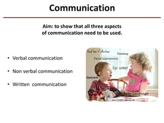 Communication
Aim: to show that all three aspects
of communication need to be used.
• Verbal communication
• Non verbal communication
• Written communication
 