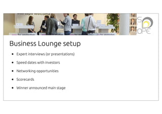 Business Lounge setup
•
•
•
•
•

Expert interviews (or presentations)
Speed dates with investors
Networking opportunities
Scorecards
Winner announced main stage

 