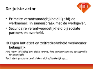 De juiste actor
• Primaire verantwoordelijkheid ligt bij de
werknemer, in samenspraak met de werkgever.
• Secundaire verantwoordelijkheid bij sociale
partners en overheid.
 Eigen initiatief en zelfredzaamheid werknemer
belangrijk
Hoe meer initiatief een zieke neemt, hoe grotere kans op succesvolle
re-integratie
Toch stelt grootste deel zieken zich afhankelijk op...

 