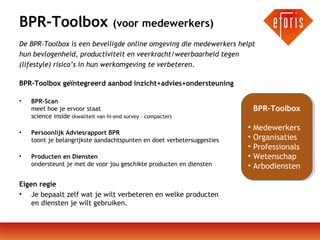 BPR-Toolbox

(voor medewerkers)

De BPR-Toolbox is een beveiligde online omgeving die medewerkers helpt
hun bevlogenheid, productiviteit en veerkracht/weerbaarheid tegen
(lifestyle) risico’s in hun werkomgeving te verbeteren.
BPR-Toolbox geïntegreerd aanbod inzicht+advies+ondersteuning
•

BPR-Scan
meet hoe je ervoor staat
science inside (kwaliteit van hi-end survey – compacter)

•

Persoonlijk Adviesrapport BPR
toont je belangrijkste aandachtspunten en doet verbetersuggesties

•

Producten en Diensten
ondersteunt je met de voor jou geschikte producten en diensten

Eigen regie
• Je bepaalt zelf wat je wilt verbeteren en welke producten
en diensten je wilt gebruiken.

BPR-Toolbox
BPR-Toolbox
••Medewerkers
Medewerkers
••Organisaties
Organisaties
••Professionals
Professionals
••Wetenschap
Wetenschap
••Arbodiensten
Arbodiensten

 