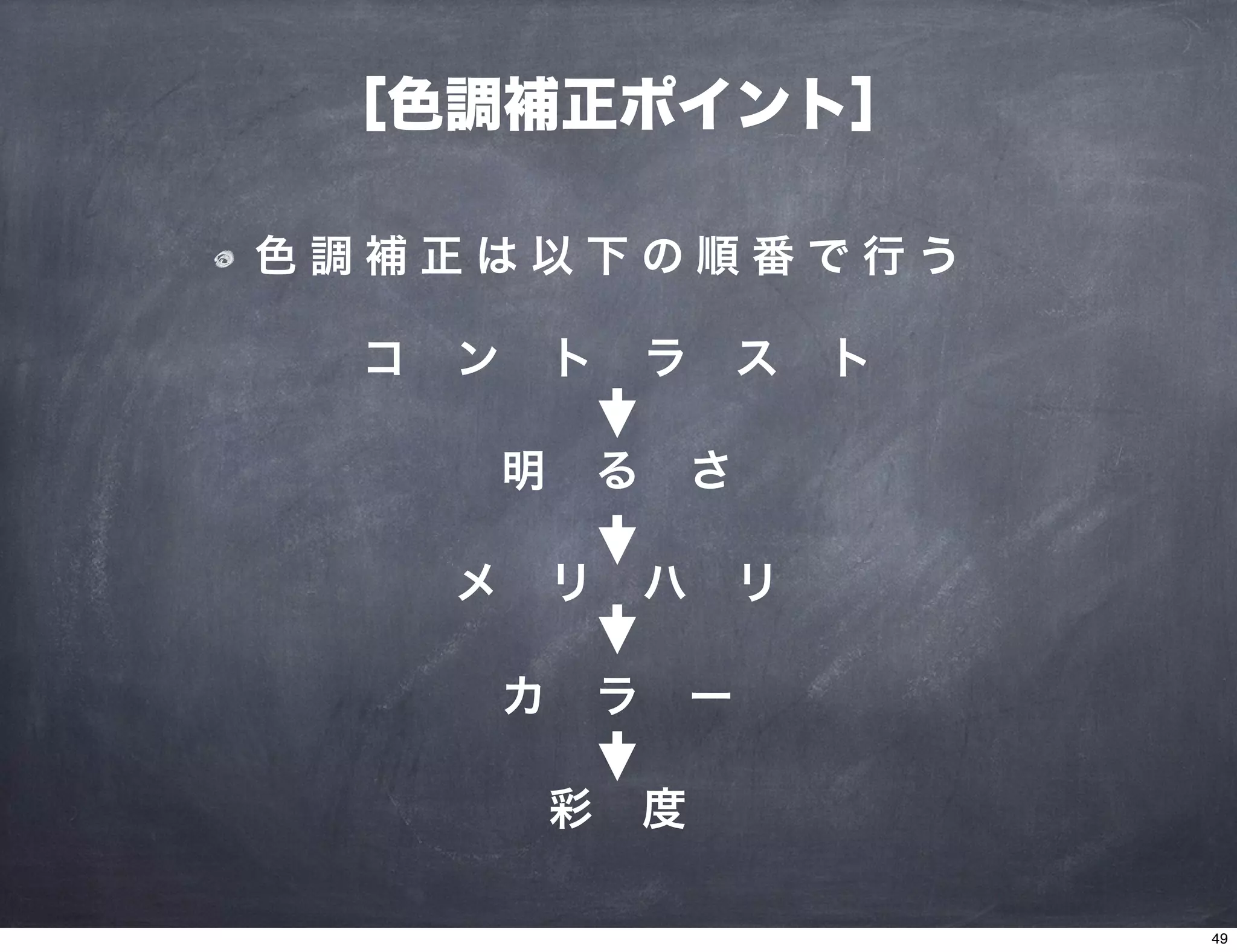 ［色調補正ポイント］
コ ン ト ラ ス ト
明 る さ
メ リ ハ リ
カ ラ ー
彩 度
色 調 補 正 は 以 下 の 順 番 で 行 う
49
 
