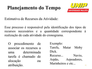 Planejamento do Tempo
Estimativa de Recursos da Atividade:
Esse processo é responsável pela identificação dos tipos de
recursos necessários e a quantidade correspondente à
realização de cada atividade do cronograma.

O procedimento de
associar os recursos a
uma
determinada
tarefa é chamado de
alocação
ou
atribuição.

Exemplo:
Tarefa, Matar Moby
Dick.
Recurso...
Navio,
Arpão,
Arpoadores,
Marinheiros e etc...

11

 