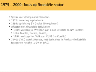 1975 – 2000: focus op financiële sector

Sterke recrutering aandeelhouders

1975: invoering kapitalisatie

1983: oprich...