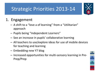 Strategic Priorities 2013-14
1. Engagement
– A shift to a “love a of learning” from a “Utilitarian”
approach
– Pupils being “Independent Learners”
– See an increase in pupils’ collaborative learning
– All teachers to use/explore ideas for use of mobile devices
for teaching and learning
– Embedding new Y7 blog
– Increased opportunities for multi-sensory learning in Pre-
Prep/Prep
 