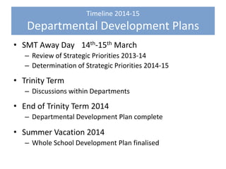 Timeline 2014-15
Departmental Development Plans
• SMT Away Day 14th-15th March
– Review of Strategic Priorities 2013-14
– Determination of Strategic Priorities 2014-15
• Trinity Term
– Discussions within Departments
• End of Trinity Term 2014
– Departmental Development Plan complete
• Summer Vacation 2014
– Whole School Development Plan finalised
 