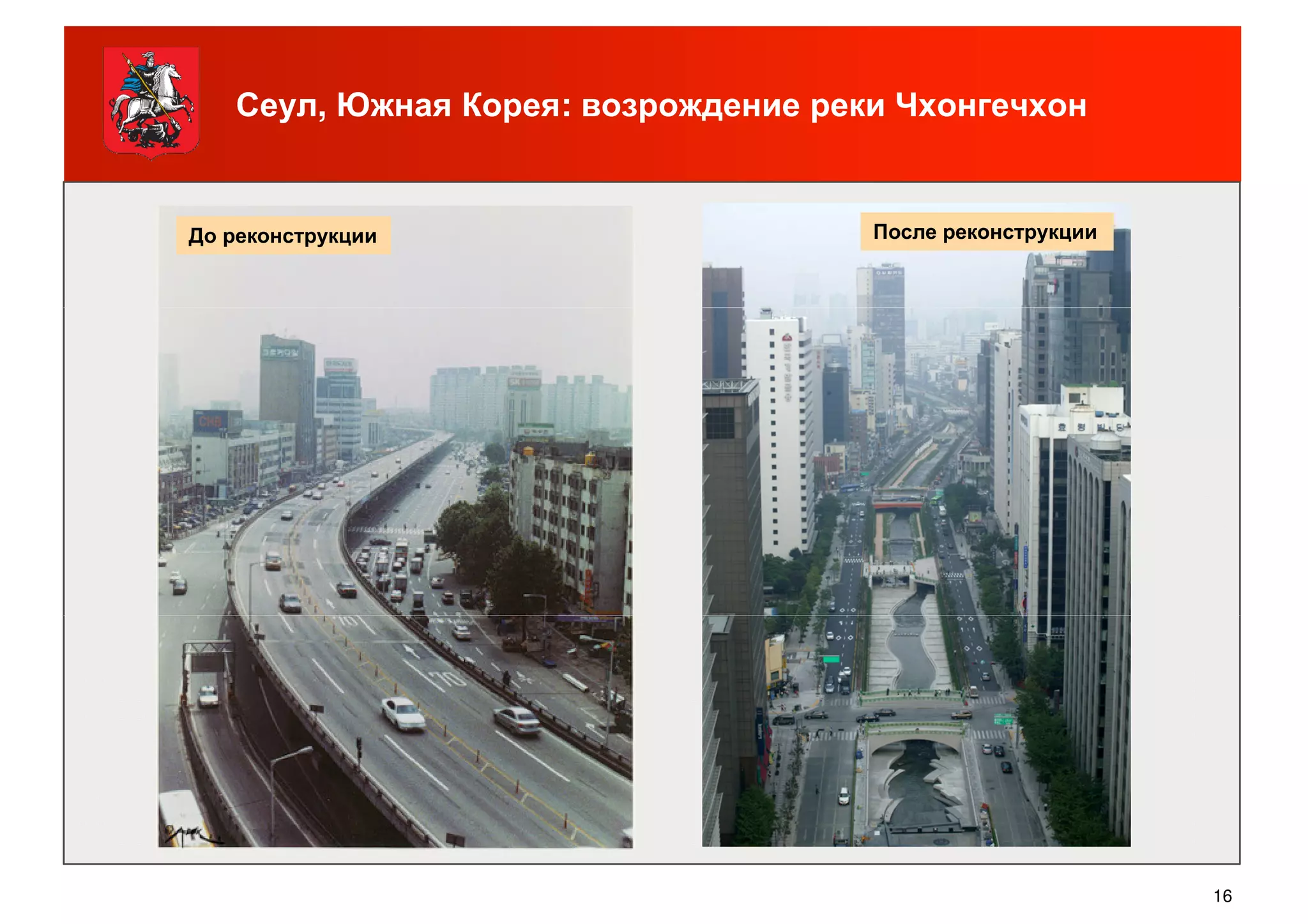 Сеул, Южная Корея: возрождение реки Чхонгечхон
До реконструкции После реконструкции
16
 