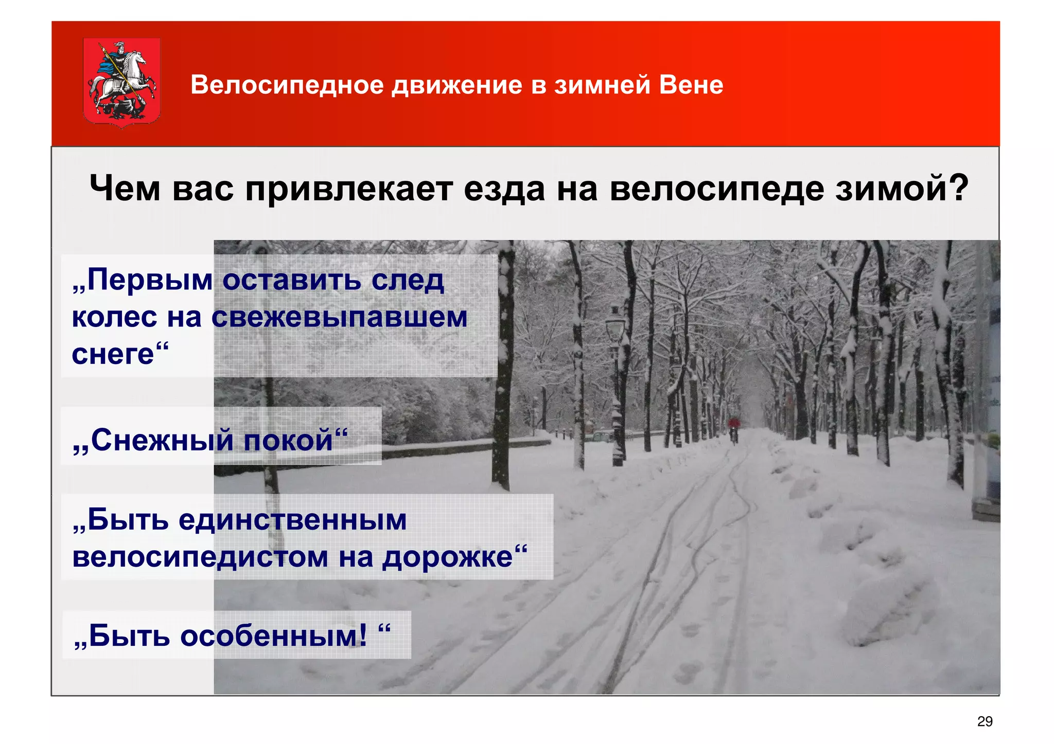 Велосипедное движение в зимней Вене
Чем вас привлекает езда на велосипеде зимой?
„Первым оставить след
колес на свежевыпавшем
снеге“
„Снежный покой“
29
„Быть единственным
велосипедистом на дорожке“
„Быть особенным! “
 