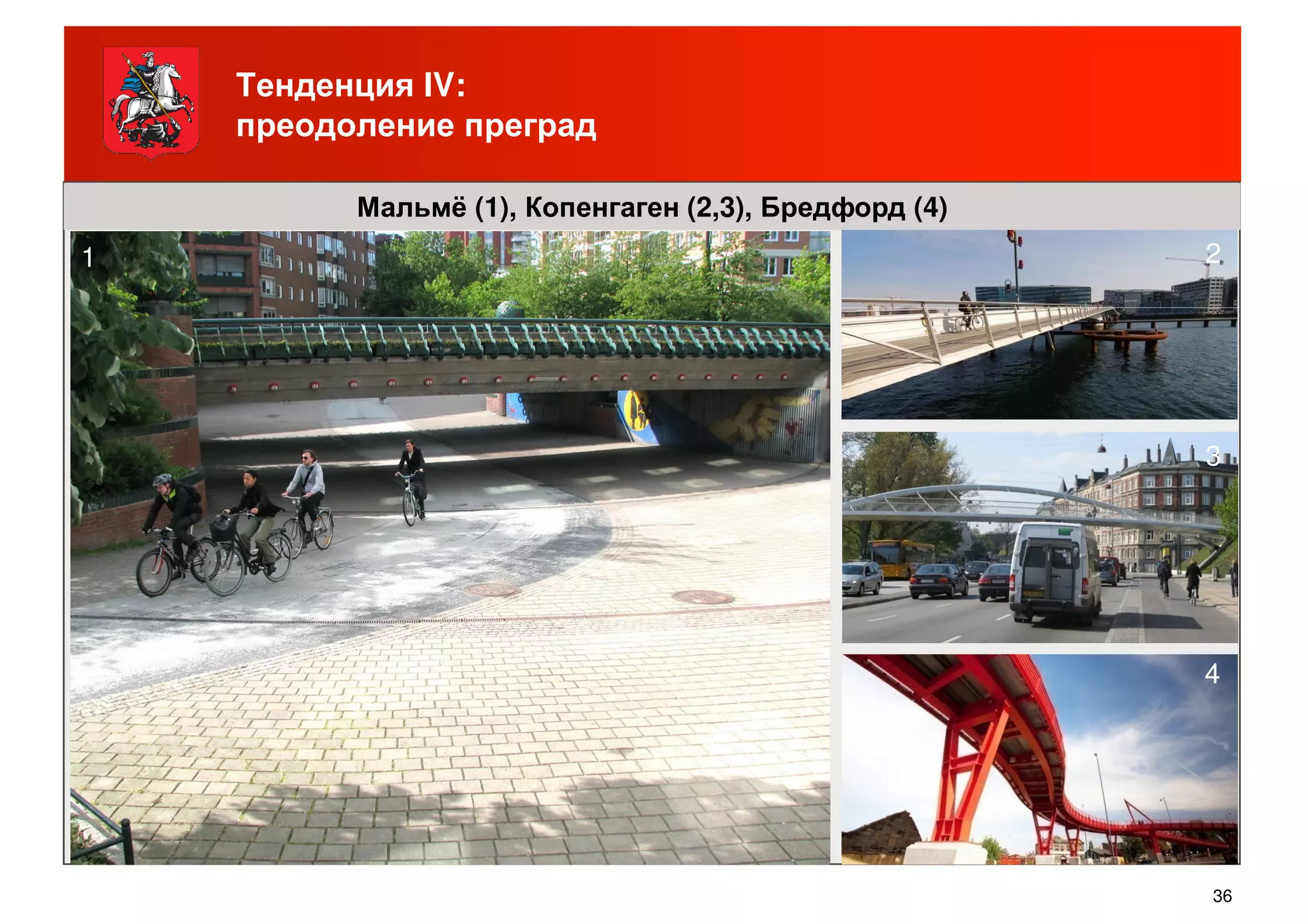 Тенденция IV:
преодоление преград
Мальмё (1), Копенгаген (2,3), Бредфорд (4)
1 2
3
36
4
 