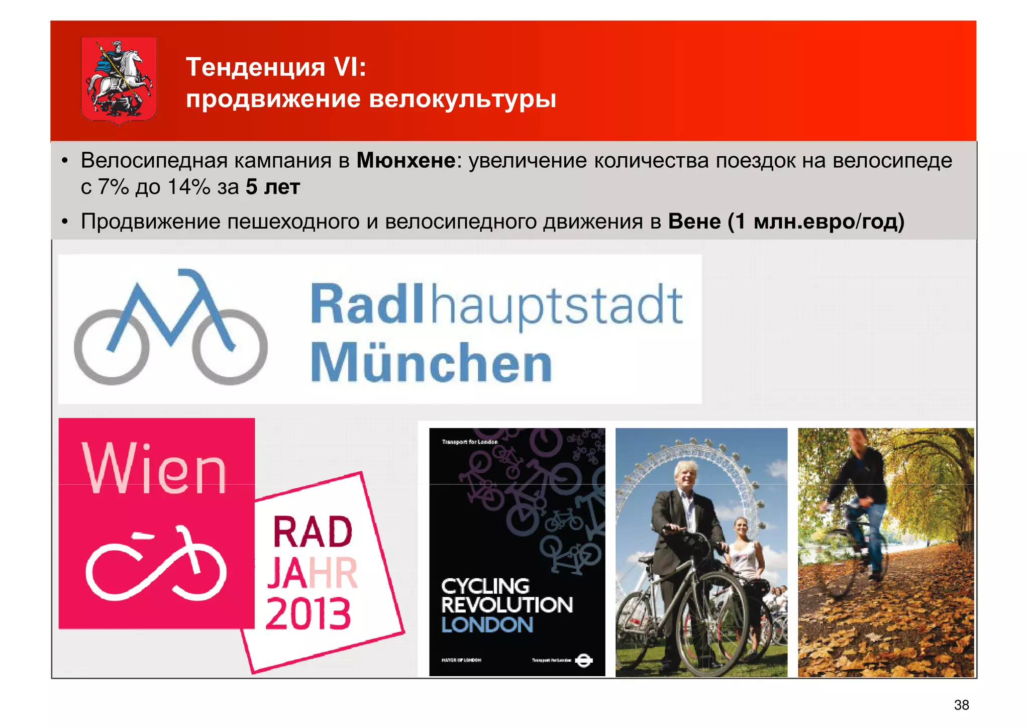Тенденция VI:
продвижение велокультуры
• Велосипедная кампания в Мюнхене: увеличение количества поездок на велосипеде
с 7% до 14% за 5 лет
• Продвижение пешеходного и велосипедного движения в Вене (1 млн.евро/год)
38
 