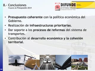 32
• Presupuesto coherente con la política económica del
Gobierno.
• Realización de infraestructuras prioritarias.
• Dar soporte a los procesos de reformas del sistema de
transportes.
• Contribución al desarrollo económico y la cohesión
territorial.
8.- Conclusiones
32
Proyecto de Presupuesto 2014
 