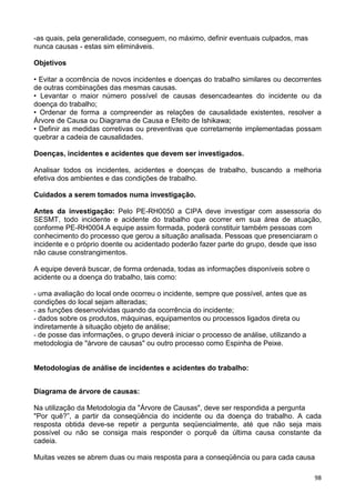 98
-as quais, pela generalidade, conseguem, no máximo, definir eventuais culpados, mas
nunca causas - estas sim elimináveis.
Objetivos
• Evitar a ocorrência de novos incidentes e doenças do trabalho similares ou decorrentes
de outras combinações das mesmas causas.
• Levantar o maior número possível de causas desencadeantes do incidente ou da
doença do trabalho;
• Ordenar de forma a compreender as relações de causalidade existentes, resolver a
Árvore de Causa ou Diagrama de Causa e Efeito de Ishikawa;
• Definir as medidas corretivas ou preventivas que corretamente implementadas possam
quebrar a cadeia de causalidades.
Doenças, incidentes e acidentes que devem ser investigados.
Analisar todos os incidentes, acidentes e doenças de trabalho, buscando a melhoria
efetiva dos ambientes e das condições de trabalho.
Cuidados a serem tomados numa investigação.
Antes da investigação: Pelo PE-RH0050 a CIPA deve investigar com assessoria do
SESMT, todo incidente e acidente do trabalho que ocorrer em sua área de atuação,
conforme PE-RH0004.A equipe assim formada, poderá constituir também pessoas com
conhecimento do processo que gerou a situação analisada. Pessoas que presenciaram o
incidente e o próprio doente ou acidentado poderão fazer parte do grupo, desde que isso
não cause constrangimentos.
A equipe deverá buscar, de forma ordenada, todas as informações disponíveis sobre o
acidente ou a doença do trabalho, tais como:
- uma avaliação do local onde ocorreu o incidente, sempre que possível, antes que as
condições do local sejam alteradas;
- as funções desenvolvidas quando da ocorrência do incidente;
- dados sobre os produtos, máquinas, equipamentos ou processos ligados direta ou
indiretamente à situação objeto de análise;
- de posse das informações, o grupo deverá iniciar o processo de análise, utilizando a
metodologia de "árvore de causas" ou outro processo como Espinha de Peixe.
Metodologias de análise de incidentes e acidentes do trabalho:
Diagrama de árvore de causas:
Na utilização da Metodologia da "Árvore de Causas", deve ser respondida a pergunta
"Por quê?”, a partir da conseqüência do incidente ou da doença do trabalho. A cada
resposta obtida deve-se repetir a pergunta seqüencialmente, até que não seja mais
possível ou não se consiga mais responder o porquê da última causa constante da
cadeia.
Muitas vezes se abrem duas ou mais resposta para a conseqüência ou para cada causa
 