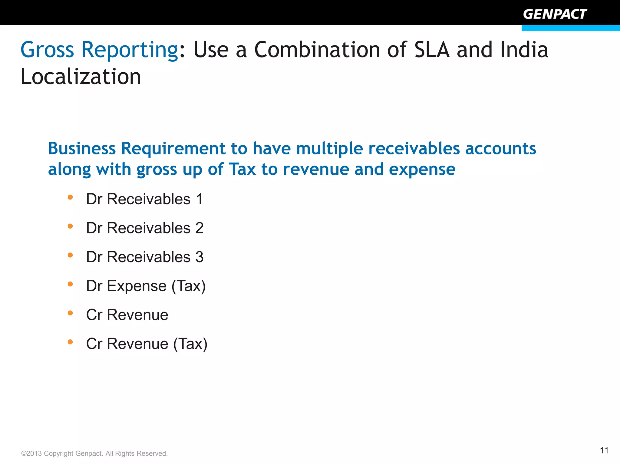 11©2013 Copyright Genpact. All Rights Reserved.
Gross Reporting: Use a Combination of SLA and India
Localization
Business Requirement to have multiple receivables accounts
along with gross up of Tax to revenue and expense
• Dr Receivables 1
• Dr Receivables 2
• Dr Receivables 3
• Dr Expense (Tax)
• Cr Revenue
• Cr Revenue (Tax)
 