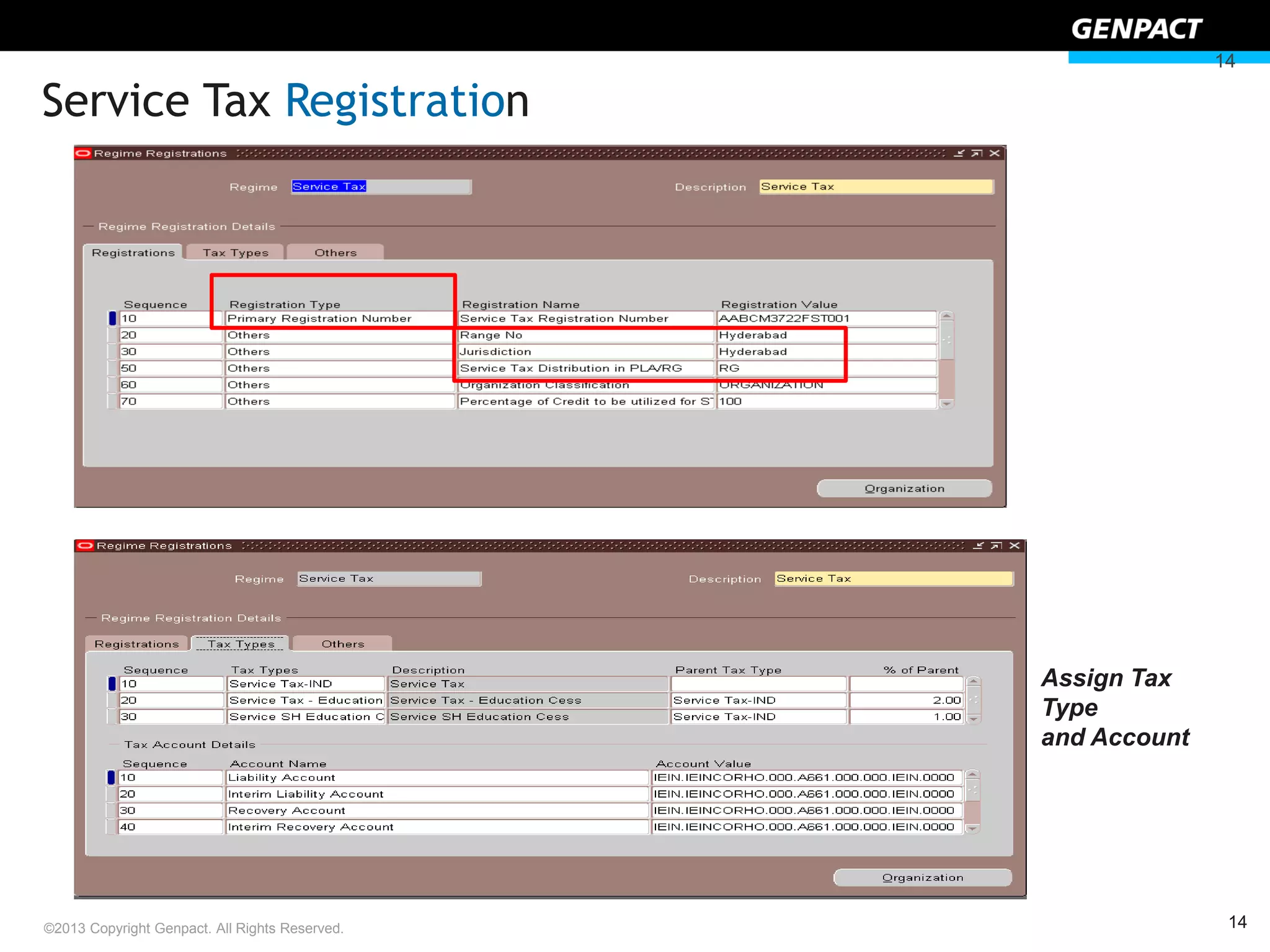 14©2013 Copyright Genpact. All Rights Reserved.
14
Assign Tax
Type
and Account
Service Tax Registration
 