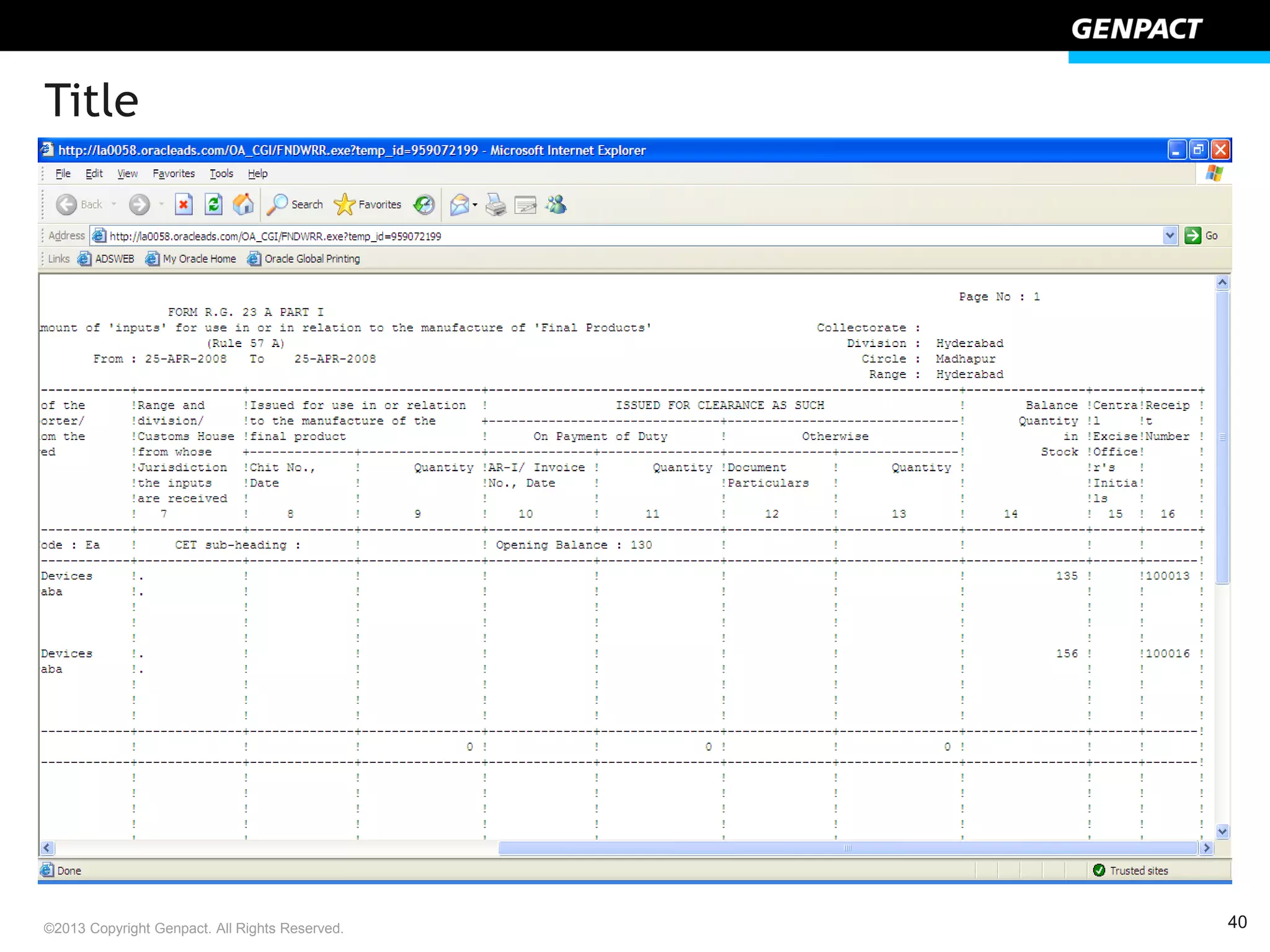 40©2013 Copyright Genpact. All Rights Reserved.
Title
 