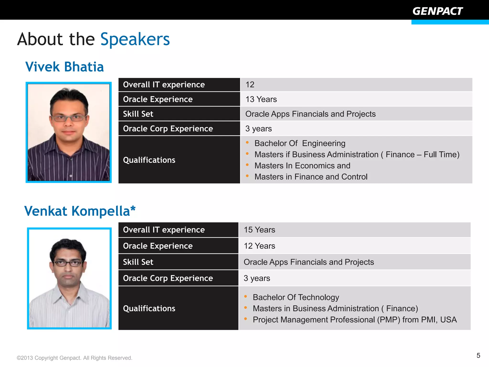 5©2013 Copyright Genpact. All Rights Reserved.
About the Speakers
Vivek Bhatia
Overall IT experience 12
Oracle Experience 13 Years
Skill Set Oracle Apps Financials and Projects
Oracle Corp Experience 3 years
Qualifications
• Bachelor Of Engineering
• Masters if Business Administration ( Finance – Full Time)
• Masters In Economics and
• Masters in Finance and Control
Venkat Kompella*
Overall IT experience 15 Years
Oracle Experience 12 Years
Skill Set Oracle Apps Financials and Projects
Oracle Corp Experience 3 years
Qualifications
• Bachelor Of Technology
• Masters in Business Administration ( Finance)
• Project Management Professional (PMP) from PMI, USA
 