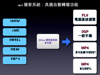 igt 播客系統：具備自動轉檔功能 FLV 電腦直接瀏覽 3GP 一般手機 MP4 iPod/iPhone MP4 iTunes QNew 課程諮詢影音系統 WMV AVI MPEG MOV MP4 