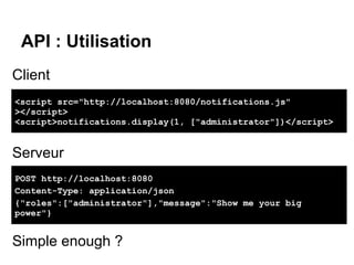 API : Utilisation
Client
<script src="http://localhost:8080/notifications.js"
></script>
<script>notifications.display(1, ...