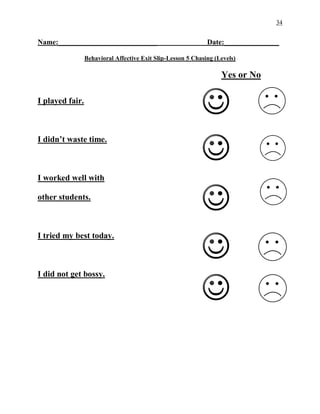 34
Name:___________________________ Date:_______________
Behavioral Affective Exit Slip-Lesson 5 Chasing (Levels)
Yes or No
I played fair.
I didn’t waste time.
I worked well with
other students.
I tried my best today.
I did not get bossy.
 