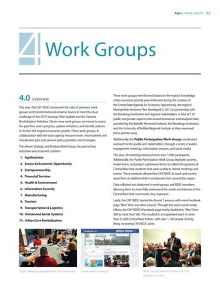 Part 4 | WORK GROUPS 77
Work Groups
4.0	 OVERVIEW
This year, the CNY REDC reassessed the roles of previous work
groups and transformational initiative teams to meet the dual
challenge of the 2015 Strategic Plan Update and the Upstate
Revitalization Initiative. Eleven new work groups convened to assess
the past four years’progress, update initiatives, and identify policies
to further the region’s economic growth.These work groups, in
collaboration with the state agency resource team, reconsidered and
reevaluated past and present policy priorities and strategies.
The eleven Strategy and AnalysisWork Groups focused on key
industries and economic systems:
1.	 Agribusiness
2.	 Access to Economic Opportunity
3.	 Entrepreneurship
4.	 Financial Services
5.	 Health  Environment
6.	 Information Security
7.	 Manufacturing
8.	 Tourism
9.	 Transportation  Logistics
10.	Unmanned Aerial Systems
11.	Urban Core Revitalization
These work groups were formed based on the region’s knowledge
of key economic priority areas informed during the creation of
the CenterState Agenda for Economic Opportunity, the region’s
Metropolitan Business Plan developed in 2013 in partnership with
the Brookings Institution and regional stakeholders. A total of 120
public and private experts interviewed businesses and analyzed data
provided by the Battelle Memorial Institute, the Brookings Institution,
and the University of Buffalo Regional Institute as they examined
these priority areas.
Additionally, the Public ParticipationWork Group coordinated
outreach to the public and stakeholders through a series of public
engagement meetings, information sessions, and social media.
This year, 24 meetings attracted more than 1,490 participants.
Additionally, the Public ParticipationWork Group deployed surveys,
intake forms, and project submission forms to collect the opinions of
Central NewYork residents that were unable to attend meetings and
events. These methods allowed the CNY REDC to reach and receive
input from an additional 454 constituents from around the region.
Data collected was disbursed to work groups and REDC members,
allowing them to more fully understand the needs and interests of the
Central NewYork community they represent.
Lastly, the CNY REDC started the Round 5 process with more Facebook
page“likes”than any other council. Through this year’s social media
efforts, the CNY REDC’s Facebook page nearly doubled its“likes”from
300 to more than 590.This resulted in an expanded reach to more
than 55,000 Central NewYorkers, with over 1,100 people clicking,
liking, or sharing CNY REDC posts
Public meetings seek ideas from the community. Social media outreach. Work Groups present findings at CNY
Strategy Summit.
83777_Agbill_SU_REDC_2015_Final.indb 77 9/15/15 6:03 PM
 