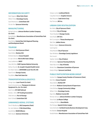 Part 4 | WORK GROUPS 79
INFORMATION SECURITY
Mark Viggiano, Niteo Park (Chair)
William Fisher, Onondaga County
David Mankiewicz, CenterState CEO
Shu Kai Shin, Syracuse University
MANUFACTURING
Michael Johnson, Johnson Brothers Lumber Company
(Co-chair)
Randy Wolken, Manufacturers Association of Central New York
(Co-chair)
David Bottar, Central New York Regional Planning
and Development Board
TOURISM
David Holder, Visit Syracuse (Chair)
David Aitken, Destiny USA
Kimberly Boynton, Crouse Hospital
Dr. Joan Johnson, Morrisville State College
Larry Leatherman, MOST
Steve McClintic, SUNY Upstate Medical University
Kathryn Ruscitto, St. Joseph’s Hospital Health Center
Ann Marie Taliercio, UNITEHERE Local 150, AFL-CIO
David Turner, Oswego County
Troy Wafner, New York State Fair
TRANSPORTATION  LOGISTICS
George Joyce, Laser Transit (Co-chair)
David Schneckenburger, Thompson  Johnson
Equipment Co., Inc. (Co-chair)
Nate Fenno, NY SW Railroad
Kendra L. Hems, NY Trucking Association
Zelko Kirincich, Port of Oswego
Kevin Schwab, CenterState CEO
UNMANNED AERIAL SYSTEMS
Orrin B. MacMurray, CS Companies (Chair)
Col. John Balbierer, 174th Attack Wing
Larry Brinker, NUAIR Alliance
Mark Glauser, Syracuse University
Gregory Larioni, Lockheed Martin
Craig Marcinkowski, Gryphon Sensors
Matt Massiano, Saab Sensis Corp.
Paul Tremont, SRC Inc.
URBAN CORE REVITALIZATION
Ben Walsh, City of Syracuse (Chair)
Amy Birdsall, City of Oswego
Shane Broadwell, Oswego County
Steve Butler, CNY Arts
Rich Cunningham, Thoma Development
Walt Dixie, Jubilee Homes
Marilyn Higgins, Syracuse University
Scott Ingmire
Andy Maxwell, City of Syracuse
Ryan McMahon, Onondaga County Legislature
Vito Sciscioli
Stephen Selvek, City of Auburn
Bill Simmons, Syracuse Housing Authority
Alden Max Smith, City of Oneida
Merike Treier, Downtown Committee of Syracuse
Katelyn Wright, Syracuse Land Bank
PUBLIC PARTICIPATION WORK GROUP
Andrew Fish, Cayuga County Chamber of Commerce (Chair)
Bob Allen, Crouse Hospital
Alyssa Balzina, BizHub CNY
John Becker, Madison County Board of Supervisors
Carla DeShaw, Cayuga Community College
William Fisher, Onondaga County
Kipp Hicks, Madison County IDA
Michael Johnson, Johnson Brothers Lumber Company
Steve Kulick, Le Moyne College
Lindsay Ott Wilcox, iHeartMedia
Rita Paniagua, Spanish Action League
Garry VanGorder, Cortland County Business Development Corp.
Kris Waelder, Crouse Hospital
Randall Wolken, Manufacturers Association of Central New York
83777_Agbill_SU_REDC_2015_Final.indb 79 9/15/15 6:03 PM
 